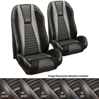 1971 Mach 1 Coupe Sport R Upholstery Set w/ Hi-Back Bucket Seats (Full Set) Premium Vinyl, Black Stripes, Red Stitching