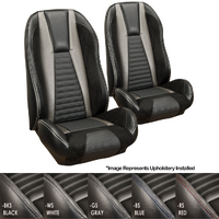 1972-73 Mach 1 Coupe Sport R Upholstery Set w/ Hi-Back Bucket Seats (Full Set) OE Vinyl, Black Stripes, Red Stitching