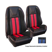 1972-73 Mustang Coupe Sport R500 Upholstery Set w/ Highback Bucket Seats (Full Set) Premium Vinyl, Blue Stipes/Stitching