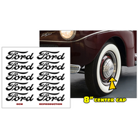 1941-42 Ford Truck 8pc Stainless Steel Wheel Cover Hub Cap Ford Script Name Decal Kit - Gloss Black