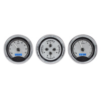 Universal 5.4" Round MHX Analog Gauge Trio (Metric) Silver Alloy Face, Blue Display