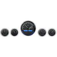 Universal Round MHX Analog Gauge Set of Five (Metric) Black Alloy Face, Blue Display