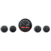 Universal Round MHX Analog Gauge Set of Five (Metric) Black Alloy Face, Red Display