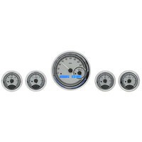 Universal Round MHX Analog Gauge Set of Five (Metric) Silver Alloy Face, Blue Display