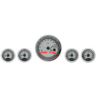 Universal Round MHX Analog Gauge Set of Five (Metric) Silver Alloy Face, Red Display