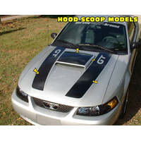 1999-04 Mustang 5pc Dual Hood Stripe Kit w/ GT Cut Out, Scoop Blackout Decal Kit & '46L V8' Designation - Black