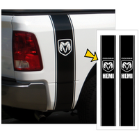 Dodge Ram Hemi Truck Vertical Bed Stripe Kit w/ Dodge Ram Head Hemi Designation (Approx 85 Wide x 50 Tall) Black