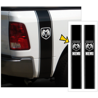 Dodge Ram Hemi Truck Vertical Bed Stripe Kit w/ Dodge Ram Head Hemi Designation (Approx 85 Wide x 50 Tall) Silver Metallic