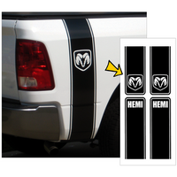 Dodge Ram Hemi Truck Split Style Vertical Bed Stripe Kit w/ Ram Head Hemi Designation (Approx 85 Wide x 50 Tall) Black