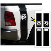 Dodge Ram Hemi Truck Split Style Vertical Bed Stripe Kit w/ Ram Head Hemi Designation (Approx 85 Wide x 50 Tall) Slate Metallic